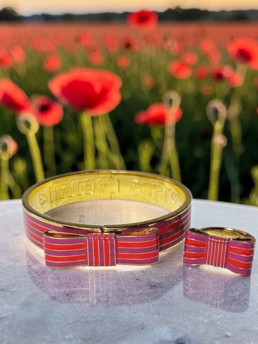Coach Poppy candy striped bow purple pink bracelet and ring set